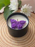 Butterfly Floral Candle - purple floral butterfly topper in black tin