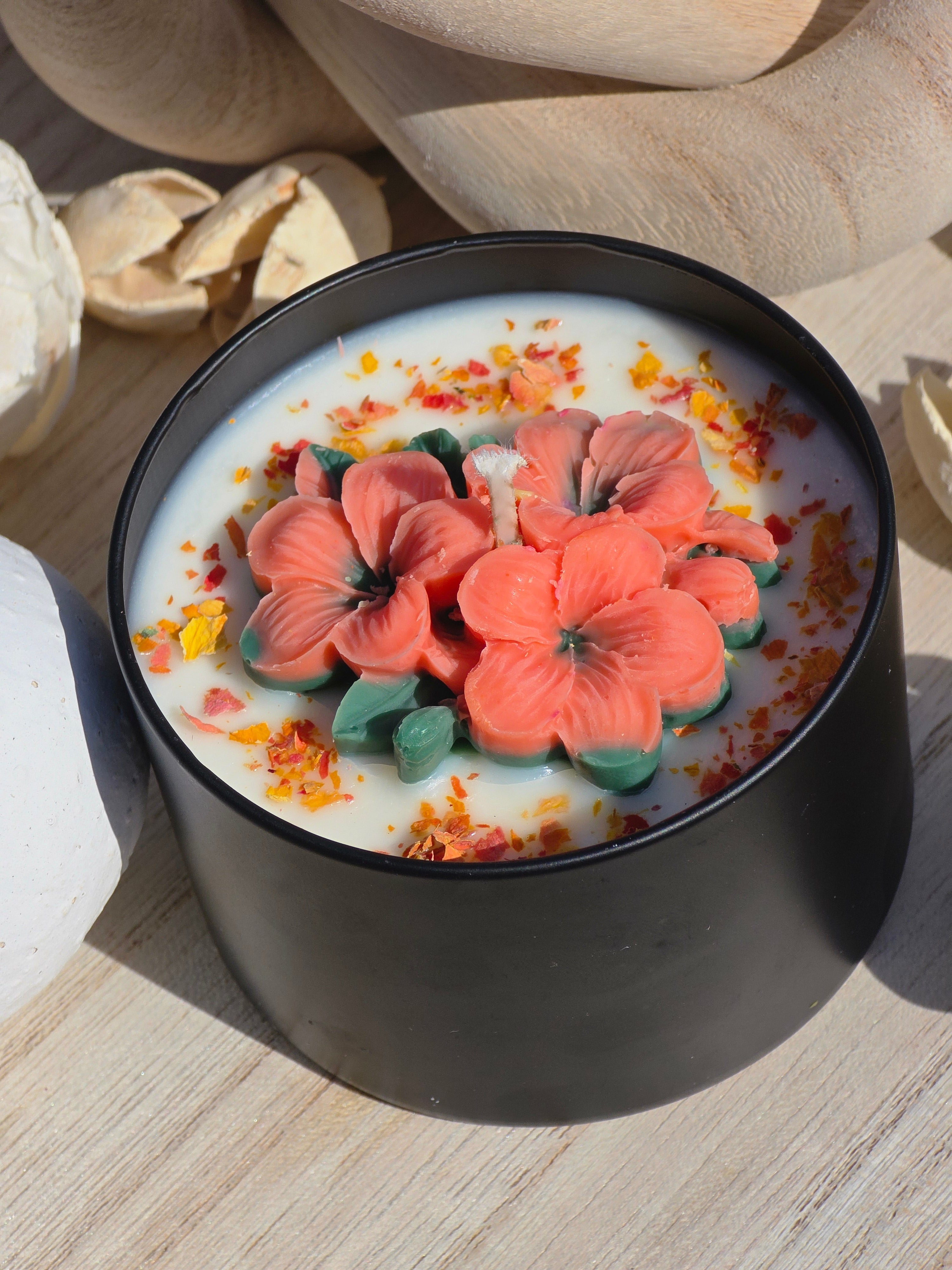 Hibiscus botanical soy candle top view