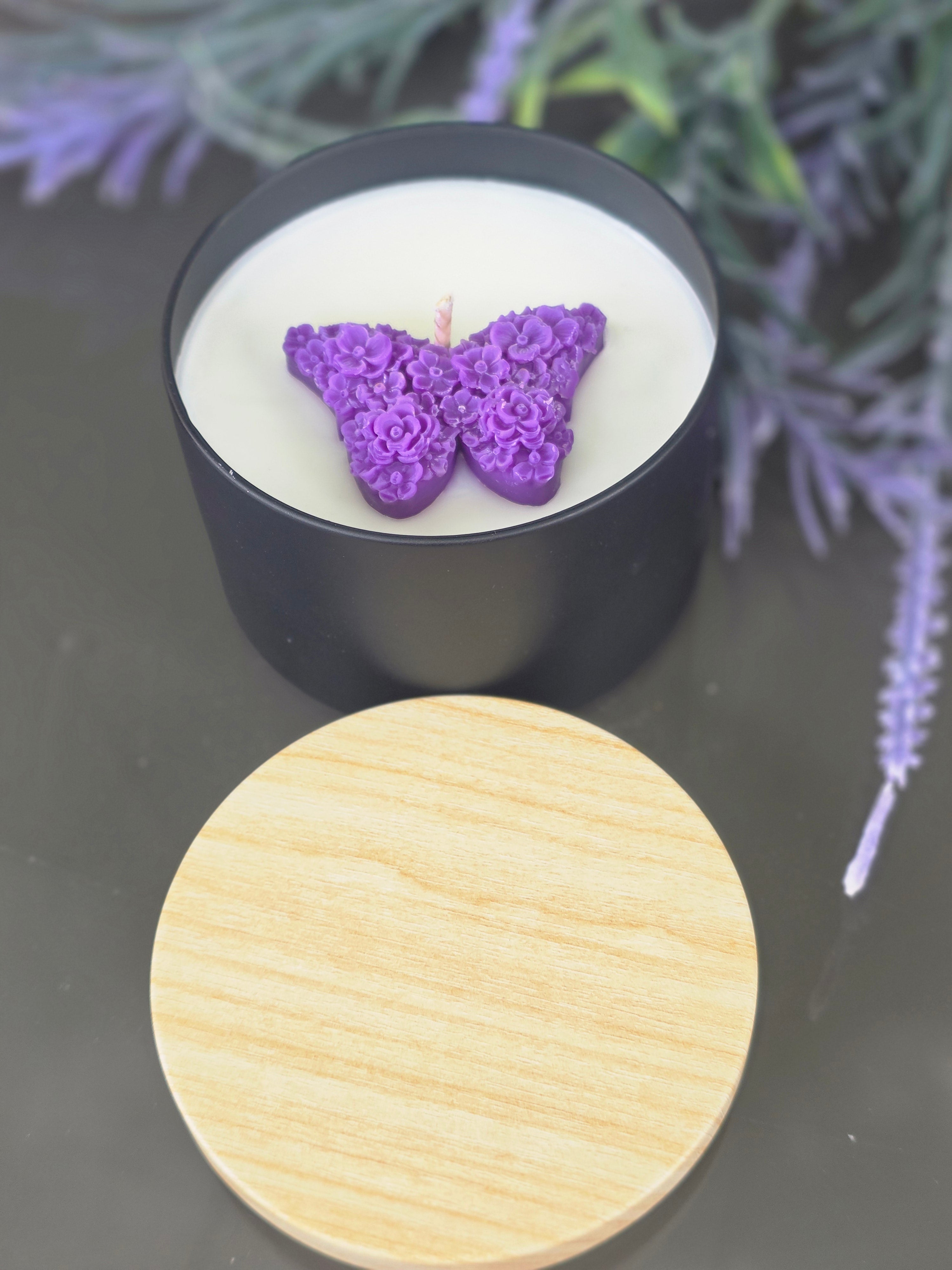 Butterfly Floral Candle - with wooden lid aside