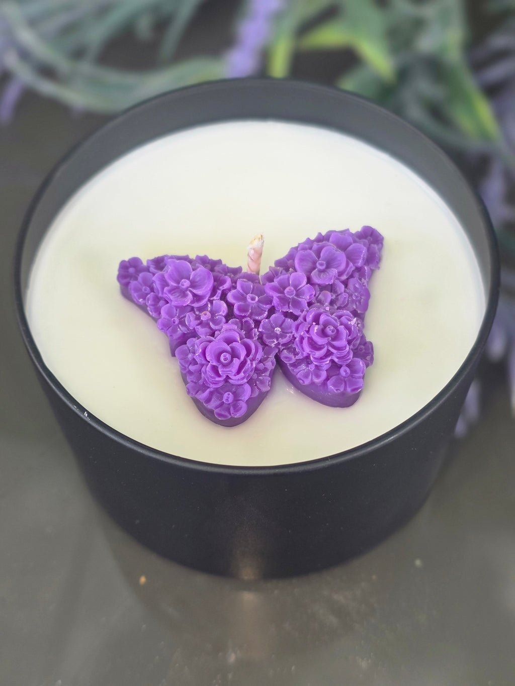 Butterfly Floral Candle - top view in black tin