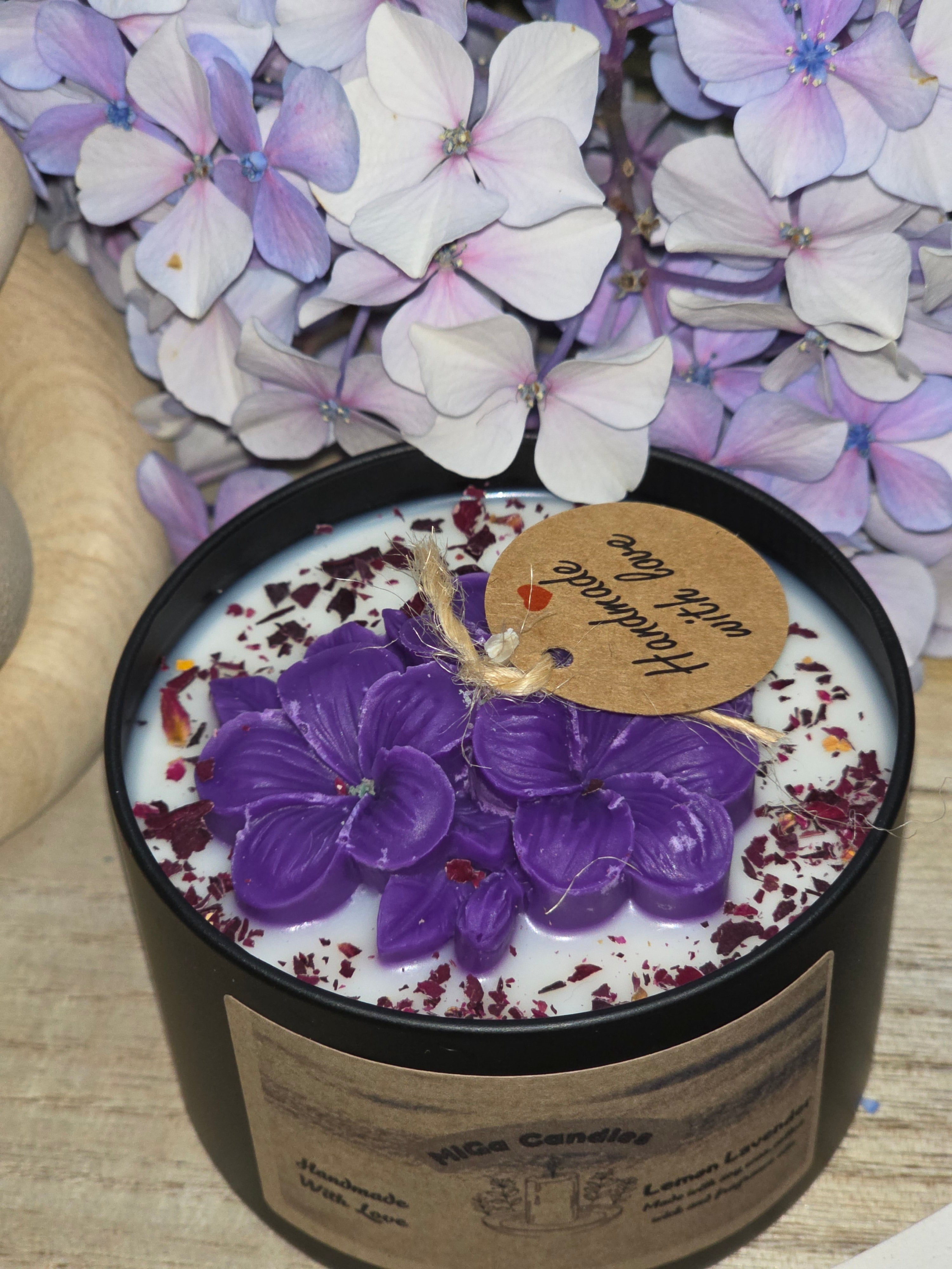 Botanical Flower Candle top view with purple wax flowers