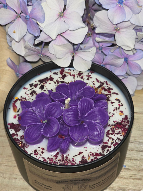 Botanical Flower Candle with MiGa Candles label and handmade tag