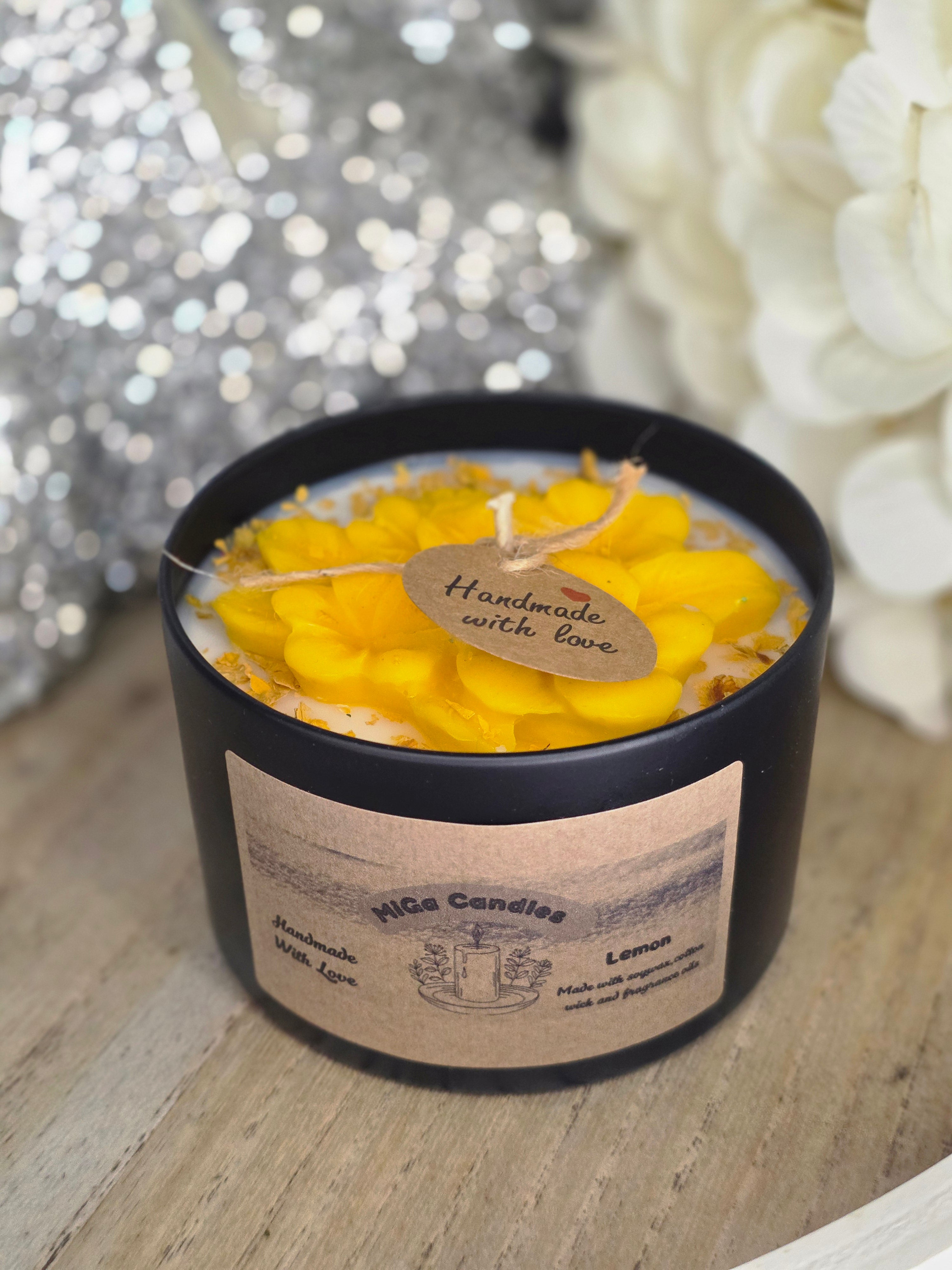 Botanical flower candle with glitter background