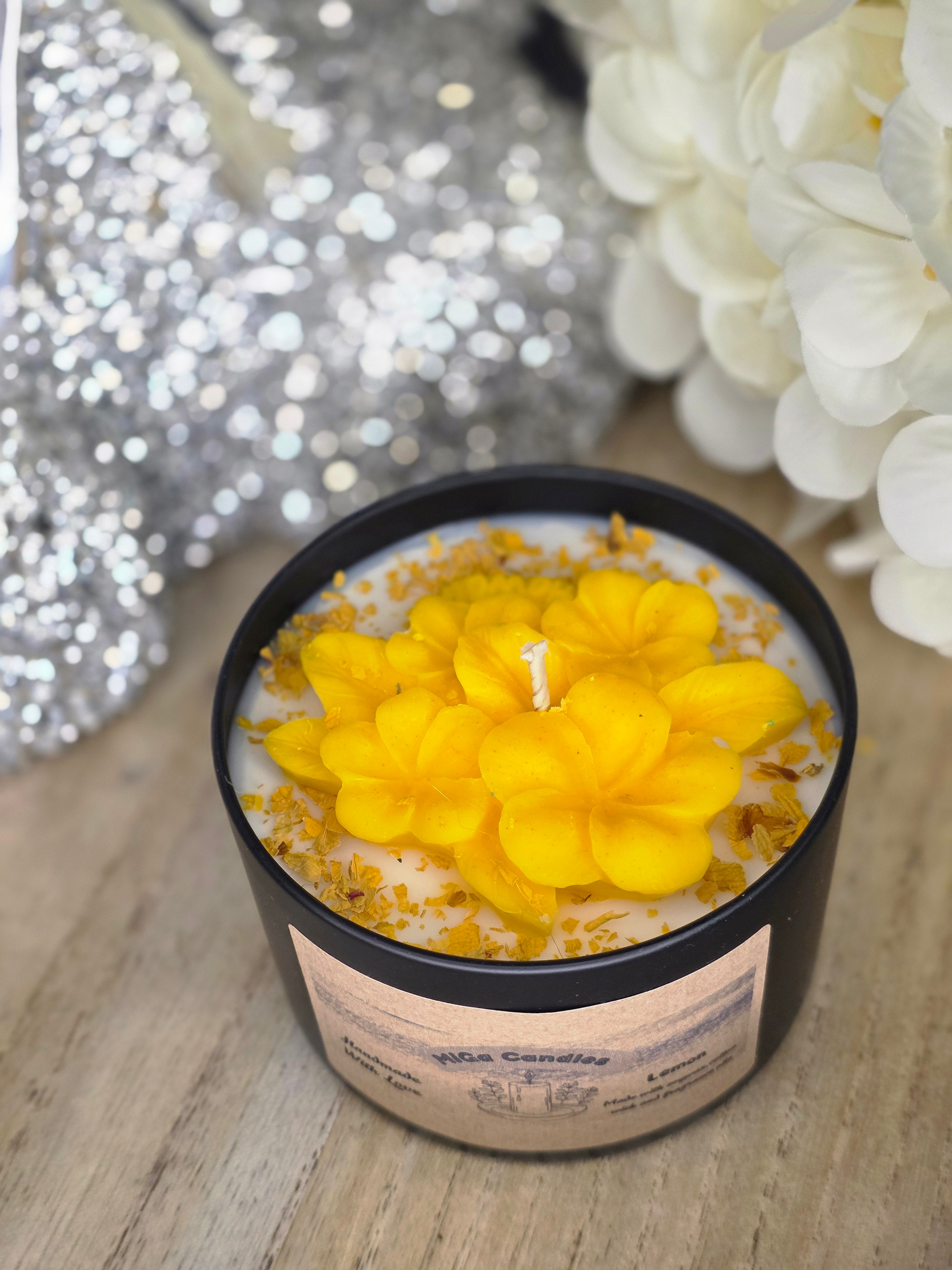 MiGa Candles botanical flower candle - full label visible