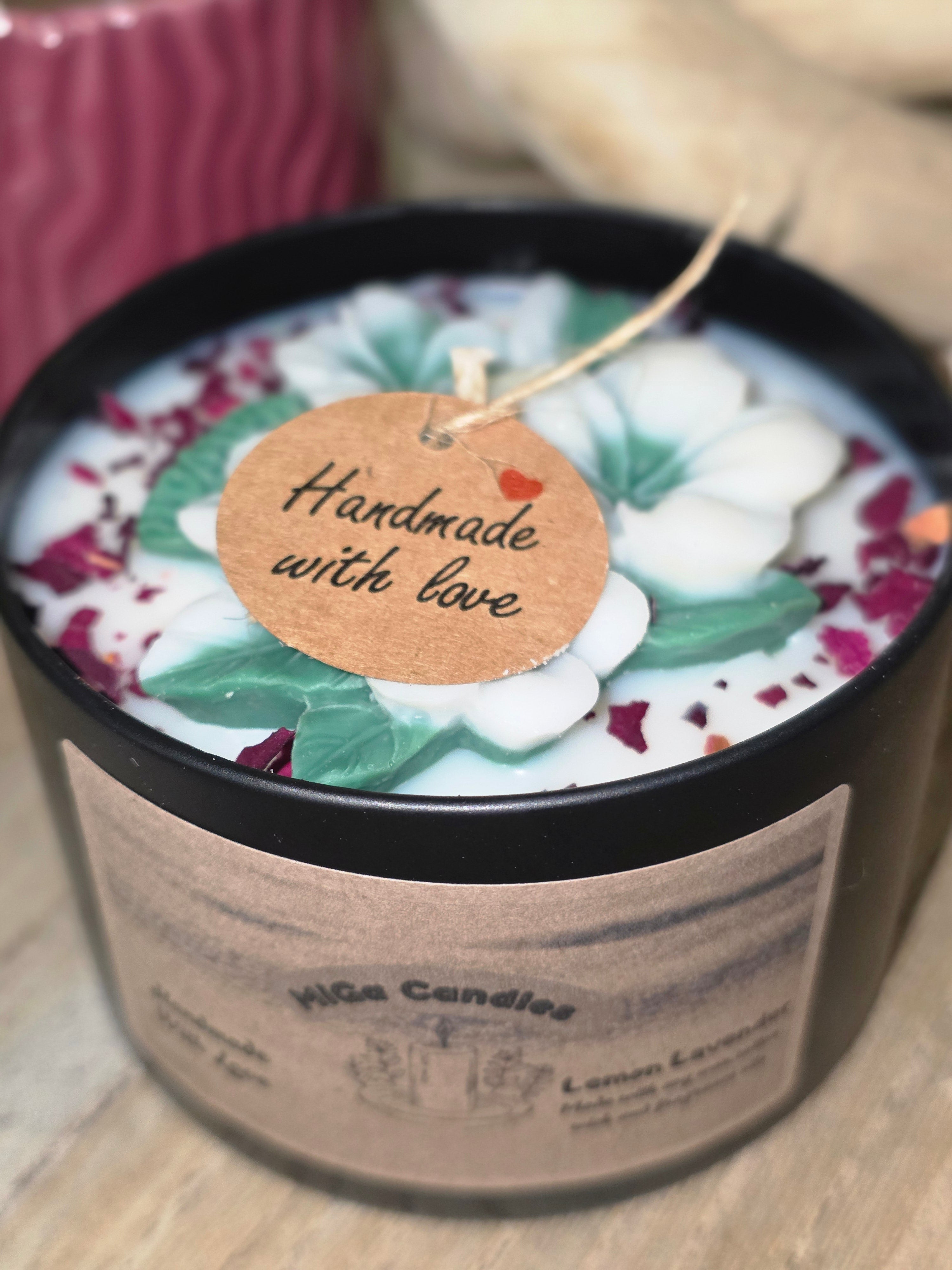 Handmade candle with rose petals