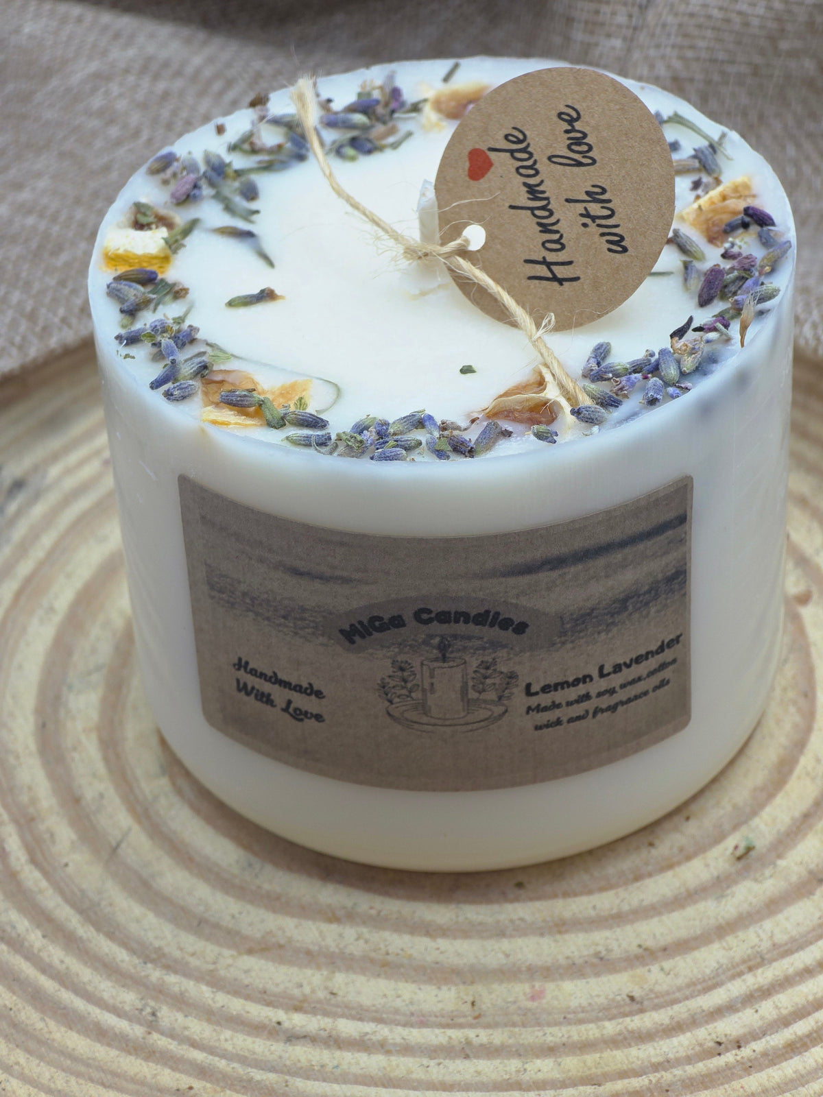 Lemon Lavender Candle - top view with handmade tag