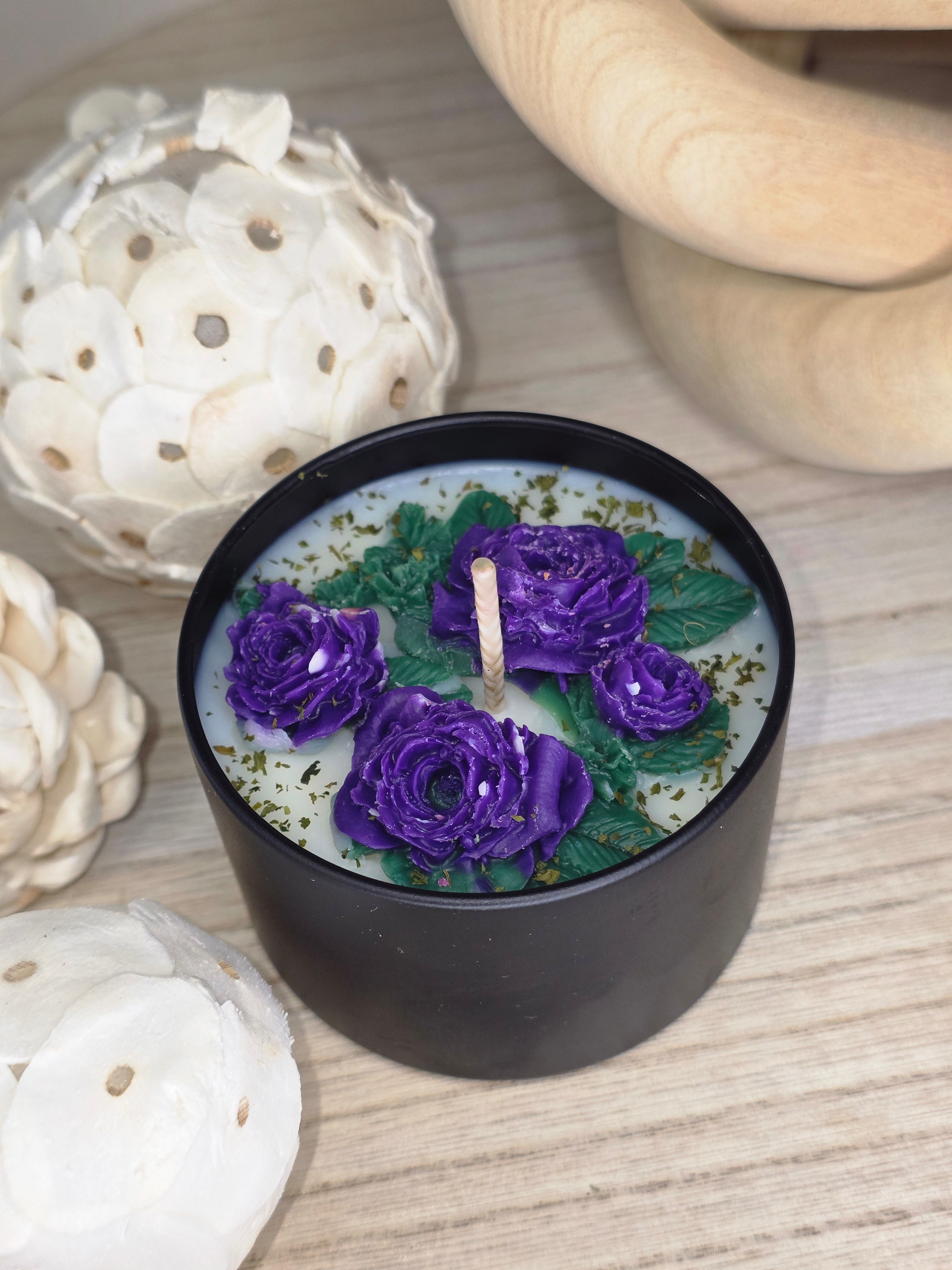 Handcrafted Botanical Rose Garden Candle  100g Matte Black Collection