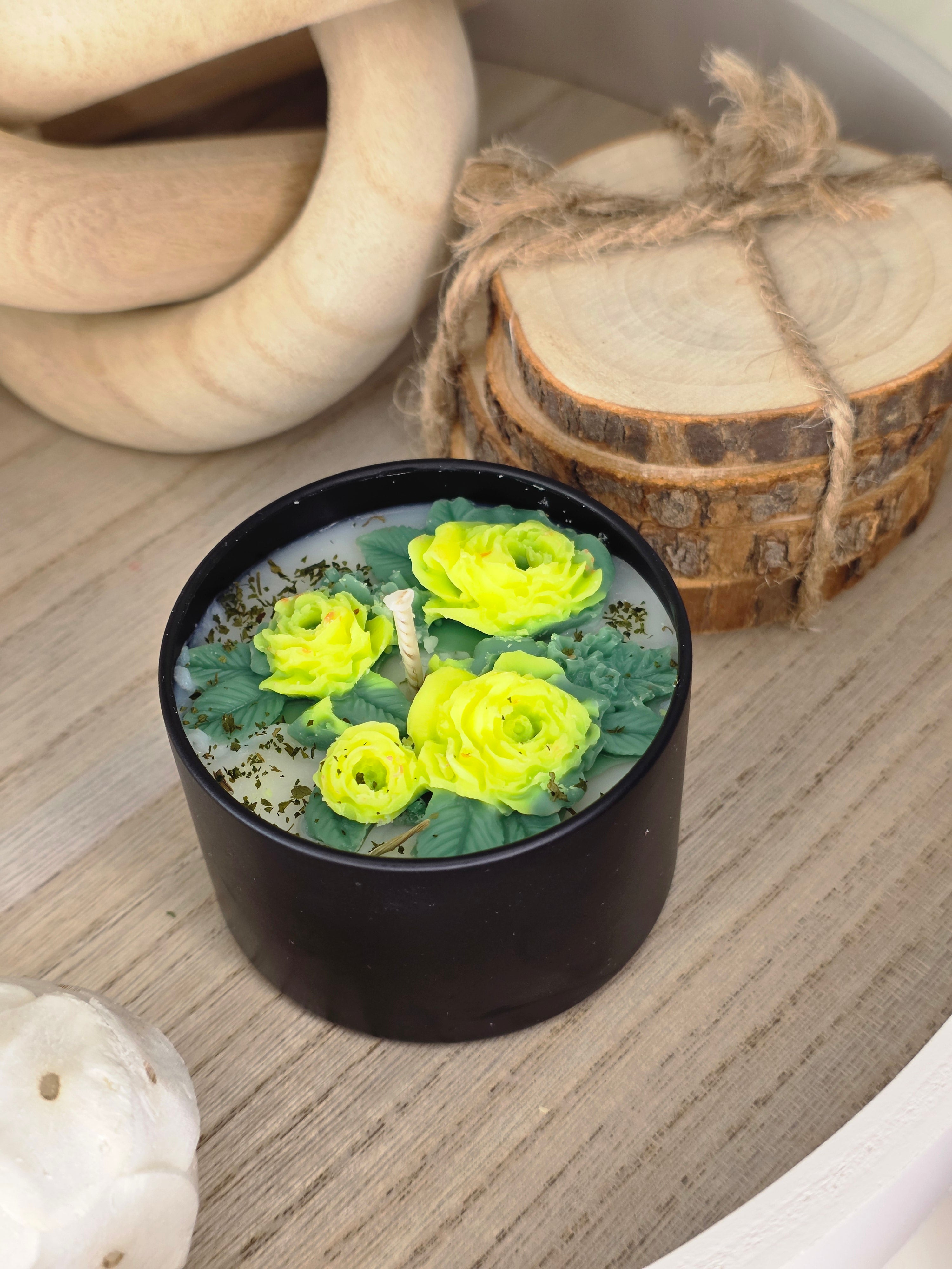 Handcrafted Botanical Rose Garden Candle  100g Matte Black Collection